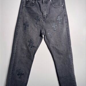 Men's Gray Jeans with Cross Embroidery